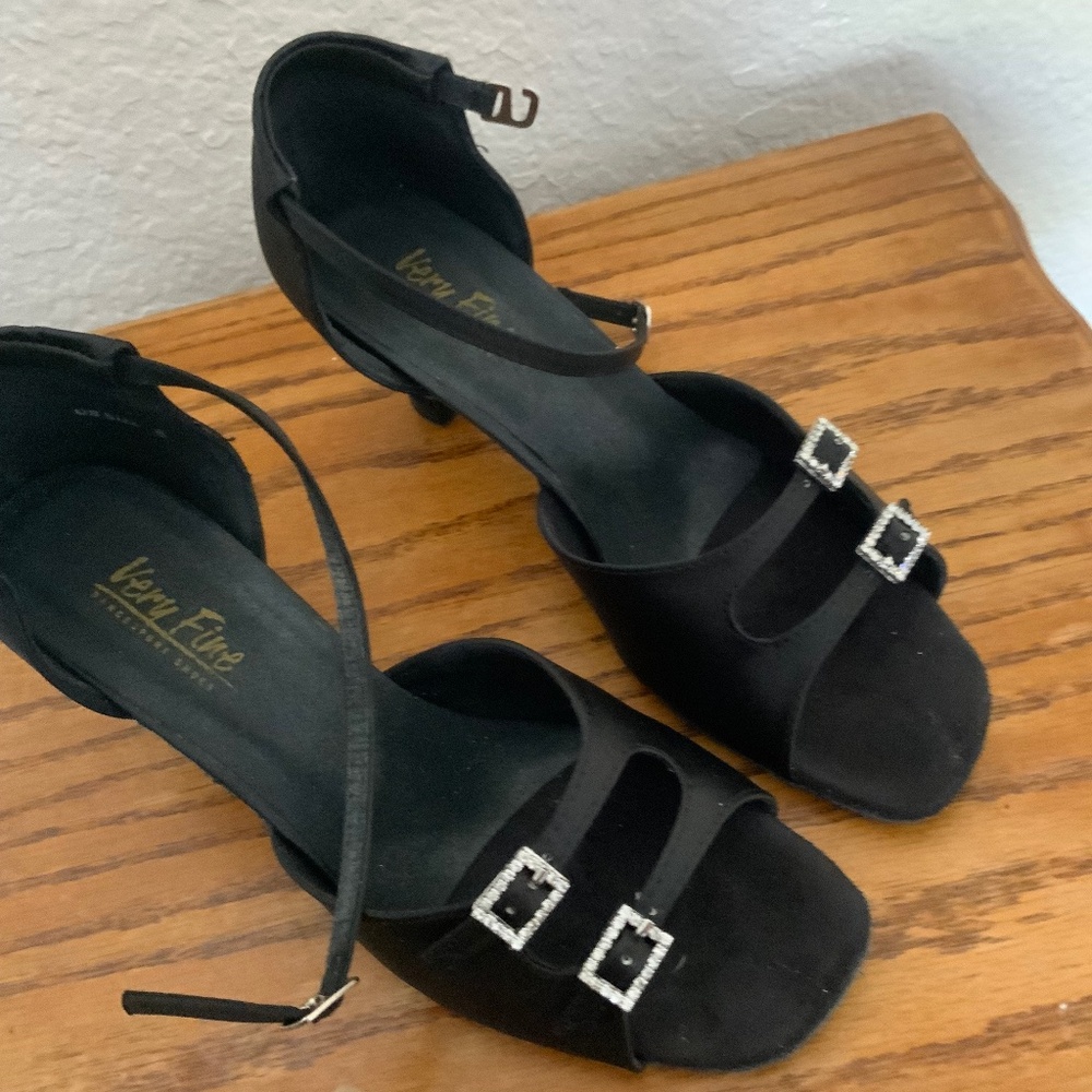 Black Satin Ballroom Dancing Shoes with Rhinestone Buckle - Size 8